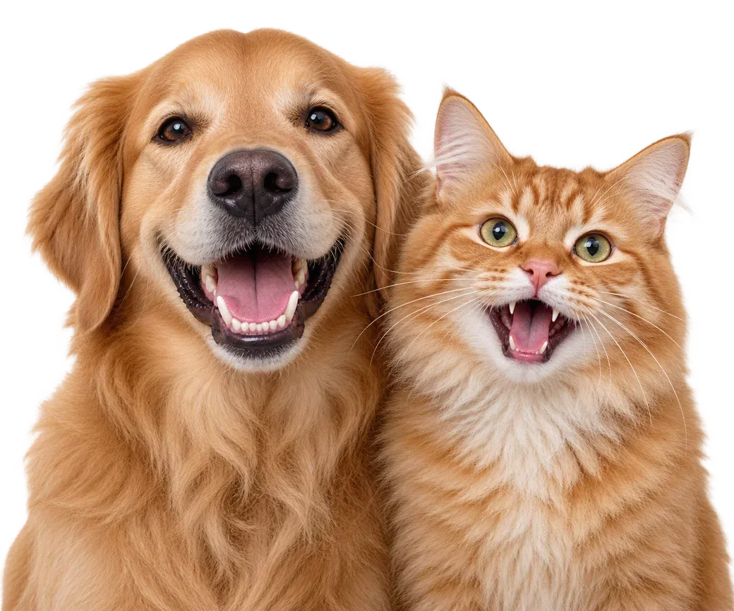 Gato e cachorro de boca aberta mostrando os dentes
